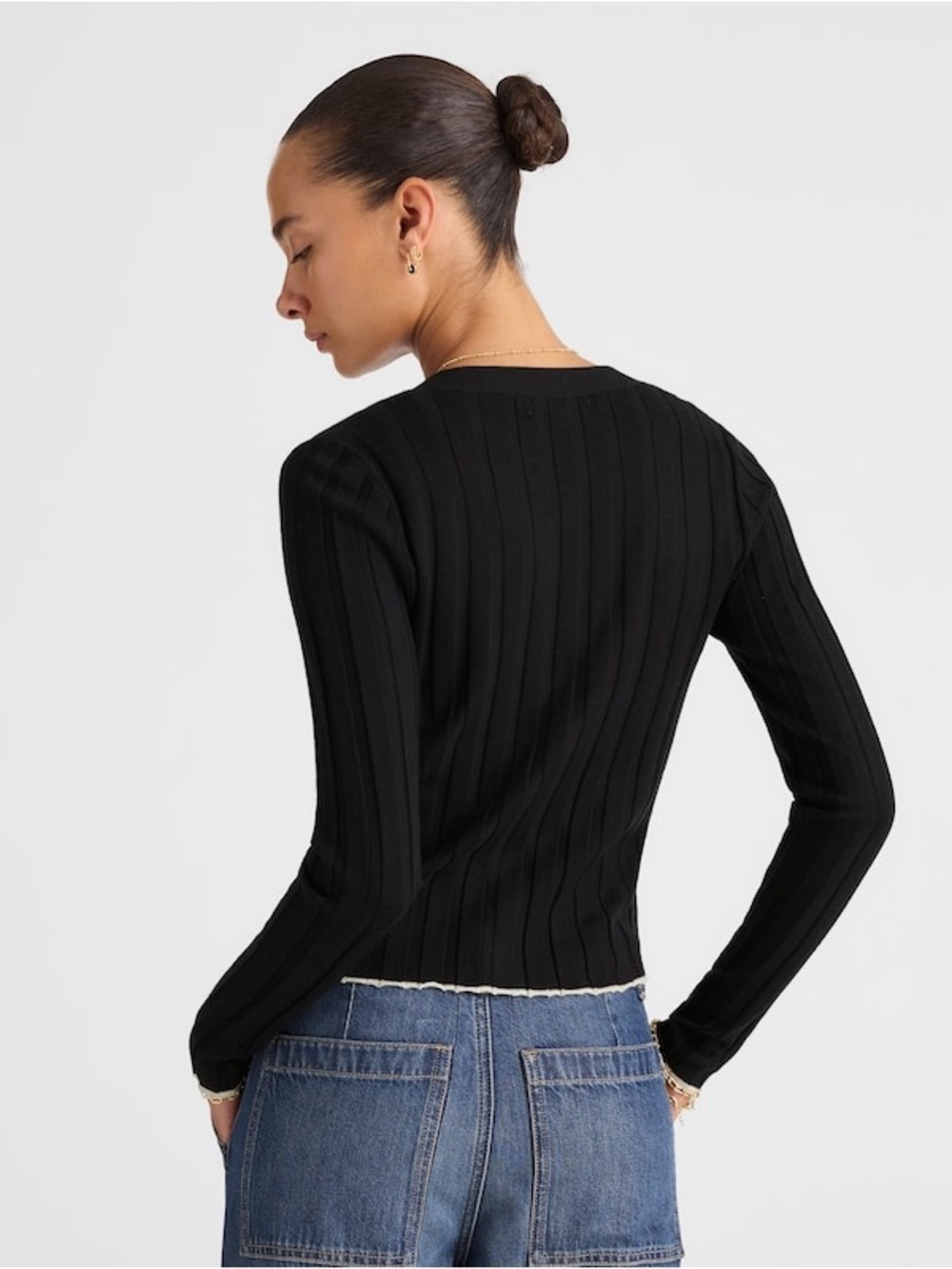 Madewell Tipped Merino Wool Silk Ribbed Cardigan Navy Medium - Picture 3 of 14